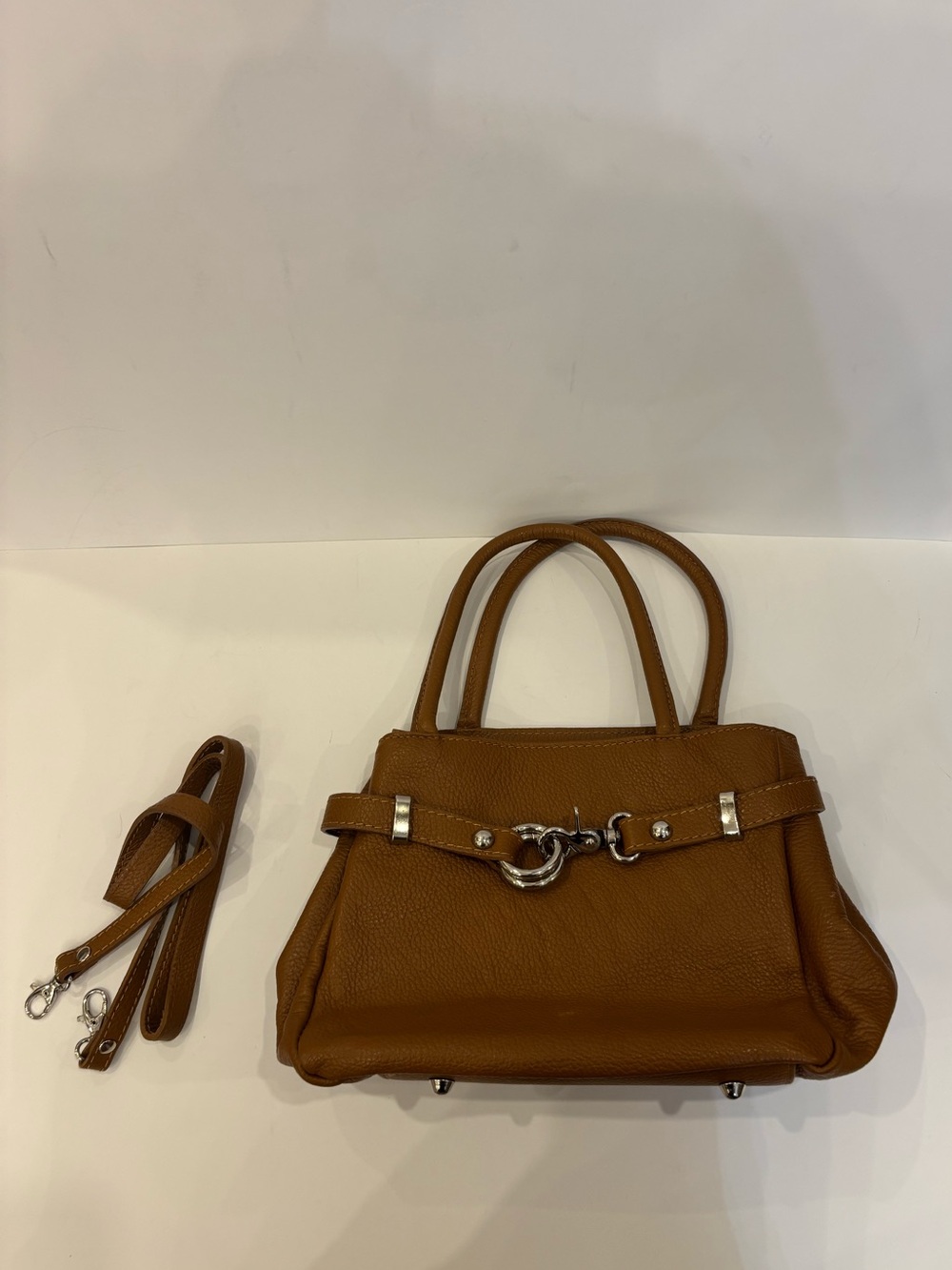 Classic brown Leather Satchel Handbag with Detachable Strap